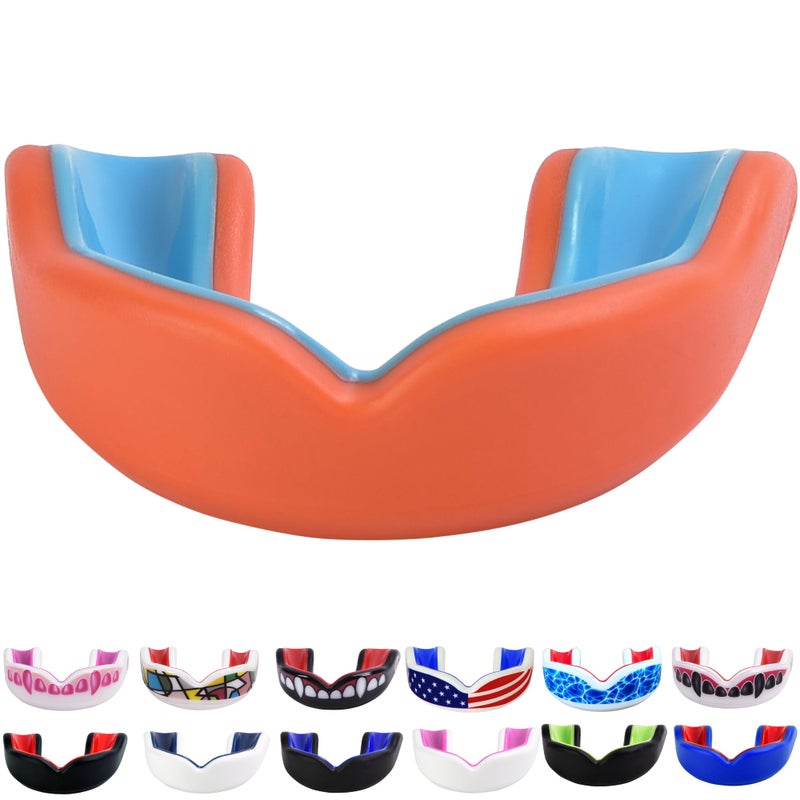 Oral Mart حارس فم أورال مارت برتقالي/أزرق للشباب للأطفال - حارس فم للشباب للكاراتيه، كرة القدم الأمريكية، فنون القتال، التايكوندو، الملاكمة، كرة القدم، الرجبي، BJJ، موياي تاي، كرة القدم، الهوكي - Image 1